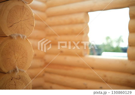 Construction of a house from rounded logs. Ecological house. High quality photo Construction of a house from rounded logs. Ecological house. High quality photo 130860129