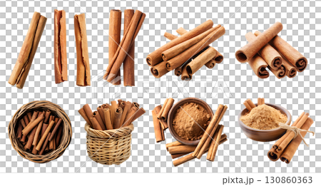 Cinnamon plant herb spice, many angles and view side top front basket powder pile stick isolated on transparent background cutout, PNG file. Mockup template 130860363