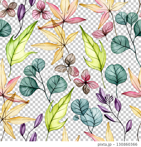 Seamless pattern of delicate watercolor autumn leaves. Transparent flowers, dry leaves. 130860366