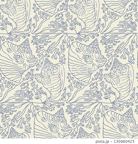 Blue and beige line art conch shell and corals coastal seamless pattern 130860425