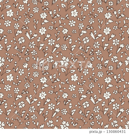 Monochrome brown and white ditsy floral seamless pattern. Hand drawn vintage backdrop with tiny flowers. Cottagecore texture 130860431