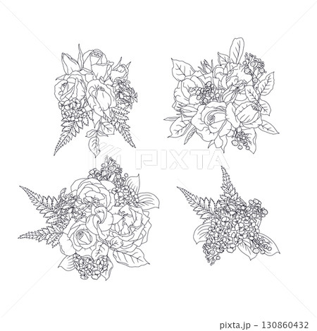 Hand drawn black and white line art rose flowers bouquets set isolated on white background Hand drawn black and white line art rose flowers bouquets set isolated on white background 130860432