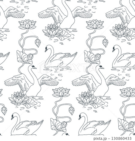 Monochrome vintage art nouveau toile hand drawn swan swimming in lake with lotus flowers black and white seamless pattern Monochrome vintage art nouveau toile hand drawn swan swimming in lake with lotus flowers black and white seamless pattern 130860433