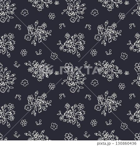Monochrome ditsy floral seamless pattern on black background. Hand drawn vintage backdrop with tiny flower bouquets. Cottage core texture Monochrome ditsy floral seamless pattern on black background. Hand drawn vintage backdrop with tiny flower bouquets. Cottage core texture 130860436