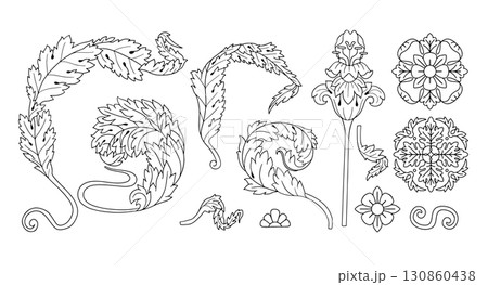 Art nouveau black and white acanthus leaves hand drawn floral set. Vintage monochrome botanical design element vector illustration bundle Art nouveau black and white acanthus leaves hand drawn floral set. Vintage monochrome botanical design element vector illustration bundle 130860438