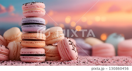Pastel Macarons on Pink Surface with Dreamy Sunset Bokeh 130860456