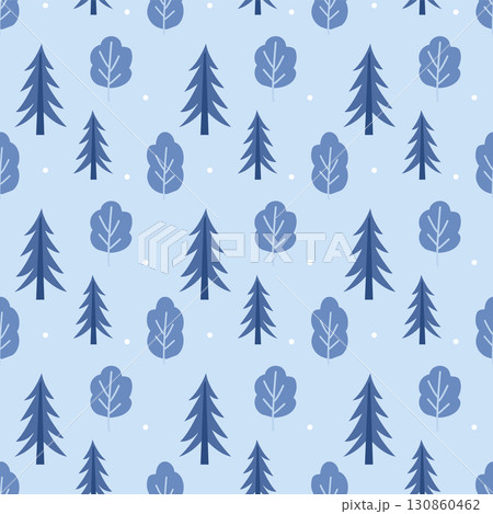 Seamless Winter Tree Pattern with Snow on Blue Background 130860462