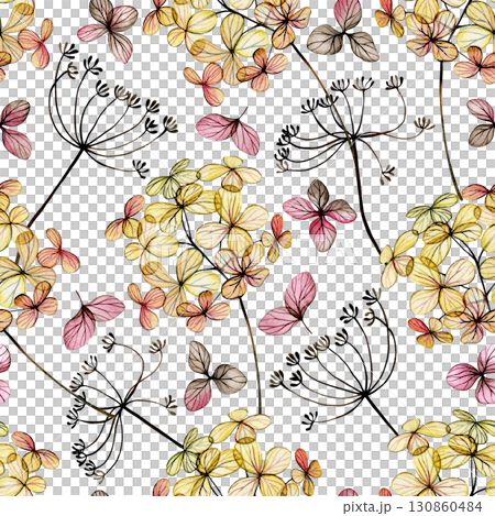 Seamless pattern of delicate watercolor hydrangea flowers. Transparent flowers, dry leaves. 130860484