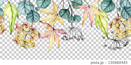Seamless border of delicate watercolor autumn leaves. Transparent flowers, dry leaves. Seamless border of delicate watercolor autumn leaves. Transparent flowers, dry leaves. 130860485