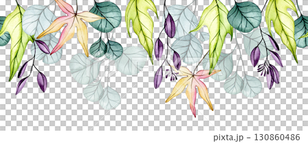Seamless border of delicate watercolor autumn leaves. Transparent flowers, dry leaves. 130860486