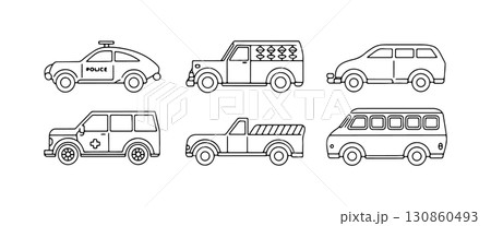 Different types of vehicles showcased in a linear arrangement, emphasizing utility and purpose in a simple design 130860493
