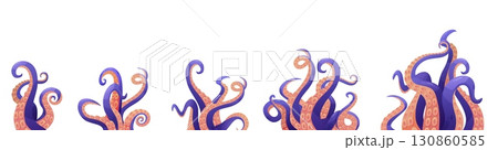 Cartoon tentacles. Squid tentacle bunches, isolated octopus or jellyfish arms. Underwater wild animal elements, decor for sea food menu, nowaday vector set 130860585