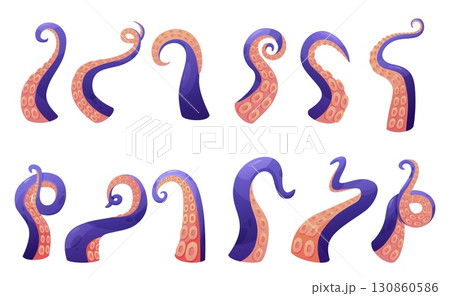 Octopus tentacles. Cartoon tentacle various positions, underwater creatures elements. Isolated icons for seafood menu, background, nowaday vector set 130860586