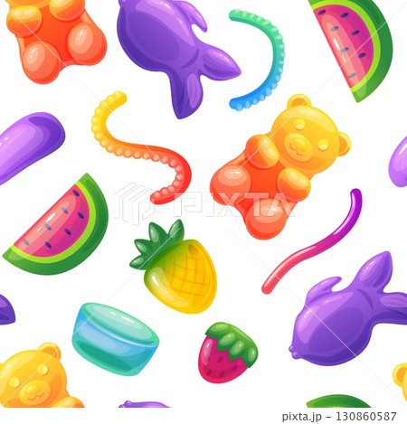 Jelly candies seamless pattern. Sweet gummies, juicy gummy bear pineapple fish worm. Delicious children dessert, bright print nowaday vector background 130860587