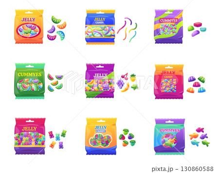 Gummies sweets packs. Jelly candy in vibrant plastic bags. Gummy different shapes worms fruits bears berries fish. Sweet snack, nowaday vector clipart 130860588