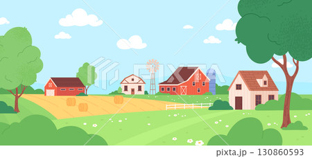 Country landscape. Wooden houses and red barns, water tower or granary. Agricultural fields, farm buildings, tree, hay. Nature racy vector background 130860593