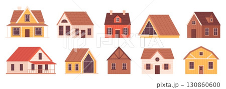 Wooden country cabins. Cartoon huts and houses, countryside buildings. Different rustic bungalow for rest on nature, cottages racy vector set 130860600