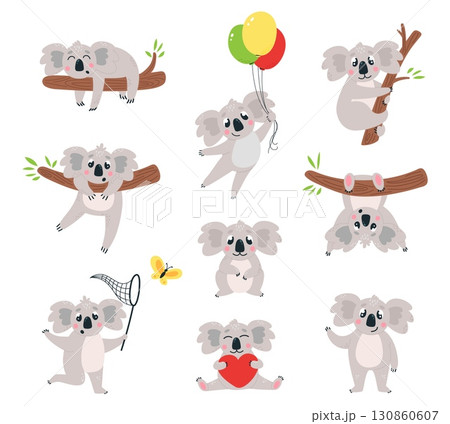 Cartoon koala characters. Funny koala animals different poses. Australian wild animal with red heart and balloons, on eucalyptus, classy vector clipart 130860607