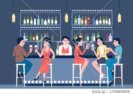 People drinking in bar. Adults sitting at the bar and chatting, drink cocktails beer and wine. Couple on dating and friends meeting, recent vector scene People drinking in bar. Adults sitting at the bar and chatting, drink cocktails beer and wine. Couple on dating and friends meeting, recent vector scene 130860609