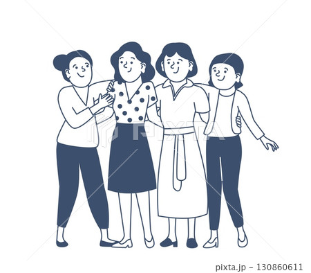 Friends hugging. Doodle female characters stand together and hugs each other. Woman friendship enjoying, simple outline style recent vector scene Friends hugging. Doodle female characters stand together and hugs each other. Woman friendship enjoying, simple outline style recent vector scene 130860611
