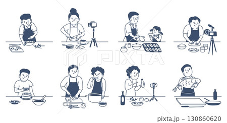 Food bloggers. People cooking on cameras, shooting reels or video, doing photo for blog. Prepare lunch dinner with child, recent vector scenes Food bloggers. People cooking on cameras, shooting reels or video, doing photo for blog. Prepare lunch dinner with child, recent vector scenes 130860620