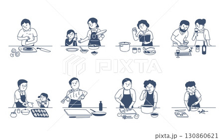 Doodle people cooking. Person on kitchen prepare food with children and friends. Couple cook dinner or lunch, baking process with kid, recent vector set 130860621