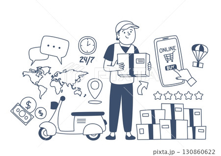 Doodle delivery concept. Post worker man in uniform with parcel. Worldwide delivery of goods and purchases, five stars service, recent vector scene Doodle delivery concept. Post worker man in uniform with parcel. Worldwide delivery of goods and purchases, five stars service, recent vector scene 130860622