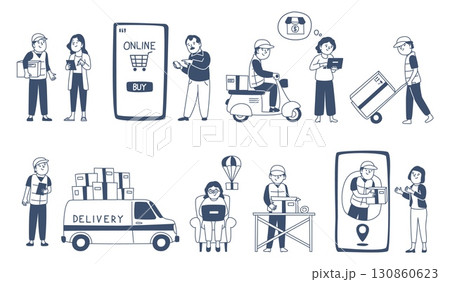 Doodle online shopping characters. People buy with laptop and smartphone. Delivery goods for customer, smart marketing technologies, recent vector scenes Doodle online shopping characters. People buy with laptop and smartphone. Delivery goods for customer, smart marketing technologies, recent vector scenes 130860623