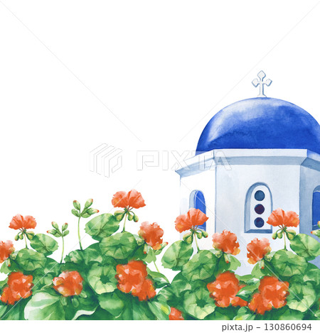 A watercolor frame of a white stone church with a blue dome surrounded by luxuriantly blooming geraniums. A template with an image of a Greek landmark on the island of Santorini on a white background 130860694
