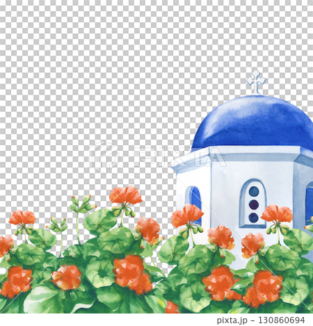A watercolor frame of a white stone church with a blue dome surrounded by luxuriantly blooming geraniums. A template with an image of a Greek landmark on the island of Santorini on a white background 130860694