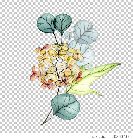 Bouquet of delicate watercolor autumn leaves. Transparent flowers, dry leaves. 130860738