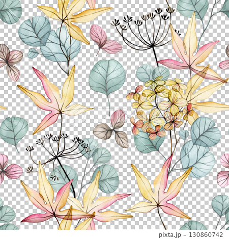 Seamless pattern of delicate watercolor autumn leaves. Transparent flowers, dry leaves. 130860742