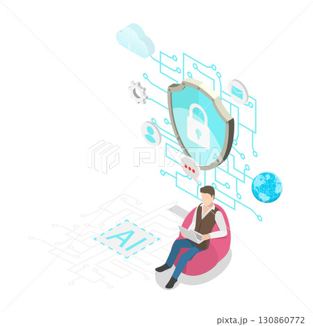 3D Isometric Flat Vector Illustration of AI Security Threats, AI-powered Cybersecurity. Item 2 130860772