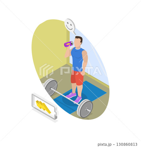 3D Isometric Flat Vector Illustration of Increas Training Power And Productivity , Beverage for Strength and Energy Boost. Item 2 130860813