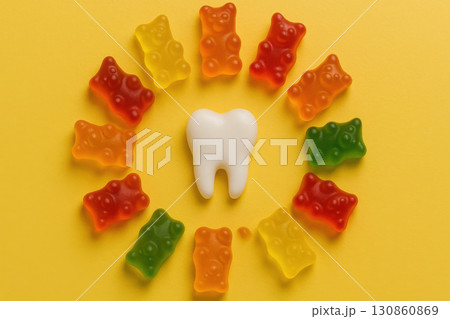 Colorful gummy bears arranged in circle around white tooth candy on yellow background, creating playful and vibrant candy art composition 130860869