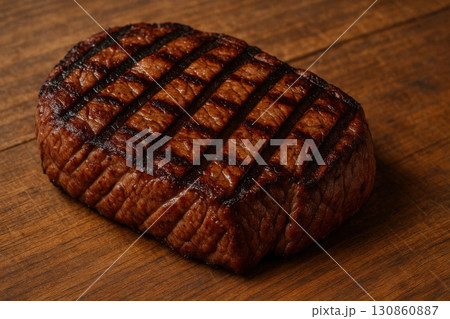 Grilled steak with seared marks resting on wooden surface, juicy barbecue food close up showing texture and rich brown color, perfect for hearty meal or cookout Grilled steak with seared marks resting on wooden surface, juicy barbecue food close up showing texture and rich brown color, perfect for hearty meal or cookout 130860887