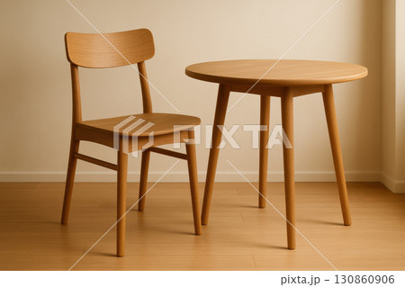 Minimalist wooden chair and round table with warm natural tones in modern interior setting, creating cozy and inviting atmosphere with simple Scandinavian design elements 130860906