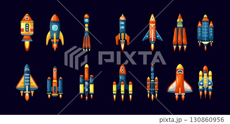 Cartoon rocket spaceships. Rocketships shuttle launch to space, spacecraft booster start up spaceship cosmic mission fly aerospace starcraft rockets kicky vector illustration 130860956
