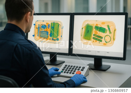 Airport security officer analyzing luggage x ray scans on dual monitors with digital baggage inspection system, ensuring safe travel and detecting prohibited items effectively 130860957