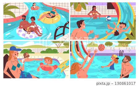 Family aquapark. People with kids having fun in waterpark, couple relaxing by pool children swim ride on water slides summer vacation amusement aqua park classy vector illustration Family aquapark. People with kids having fun in waterpark, couple relaxing by pool children swim ride on water slides summer vacation amusement aqua park classy vector illustration 130861017