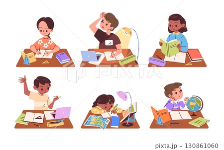 Children homework. School boredom kids study lessons at home desk, read book write pen in notebook hard work education problem tired students learning, classy vector illustration 130861060
