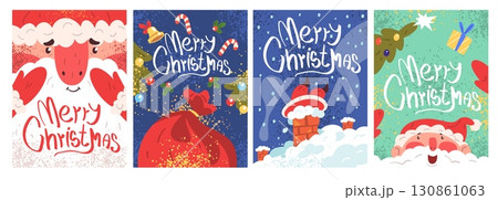 Santa greeting cards. Claus character merry christmas card cute design, xmas new year cartoon mascot gifts bag posters winter holiday party celebration, classy vector illustration 130861063