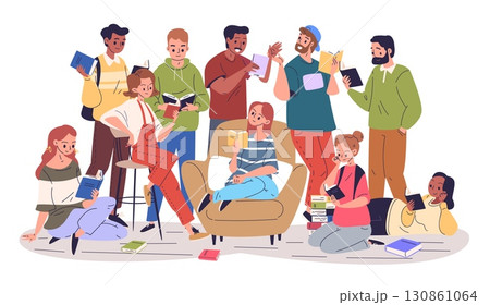 Readers club. Different people group read books together, reader community friends reading lovers exchange textbook study education library knowledge, classy vector illustration 130861064