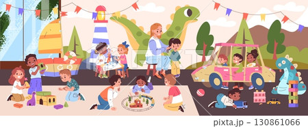 Children playing nursery. Kids play toy in kindergarten or daycare room, preschool child activity game indoor playroom interior baby party with teacher, classy vector illustration 130861066