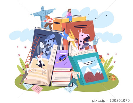 People giant book. Books lovers concept, tiny readers read fiction book or science literature abstract library study textbook education fairytale novels, classy vector illustration 130861070