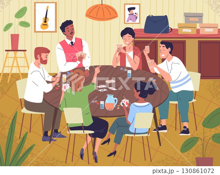 Friends playing poker. People group play cards at home table room interior, board games together, gambling blackjack players friendship leisure cartoon classy vector illustration 130861072