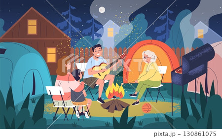 Backyard camping. Family night camp in garden, parents with children sit around campfire and tent, mother father son grandmother staycation outside house classy vector illustration Backyard camping. Family night camp in garden, parents with children sit around campfire and tent, mother father son grandmother staycation outside house classy vector illustration 130861075