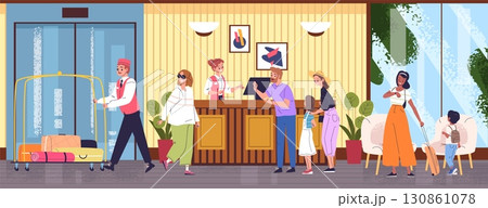 Tourists hotel lobby. Family at information desk, people with luggage check room reception hall interior hospitality service hostel receptionist guest, classy vector illustration 130861078