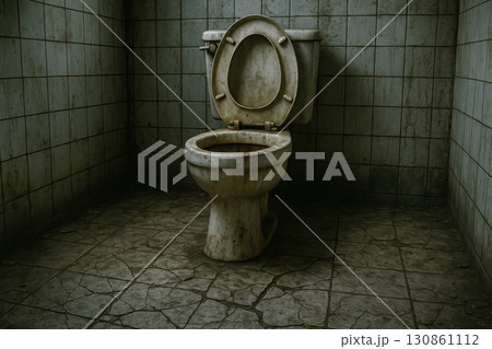 Dirty abandoned toilet with cracked floor tiles and stained porcelain eerie atmosphere of neglected bathroom with grimy walls and dim lighting Dirty abandoned toilet with cracked floor tiles and stained porcelain eerie atmosphere of neglected bathroom with grimy walls and dim lighting 130861112