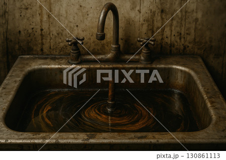 Dirty industrial sink with greasy water and oil stains around rusty faucet environmental pollution concept Dirty industrial sink with greasy water and oil stains around rusty faucet environmental pollution concept 130861113